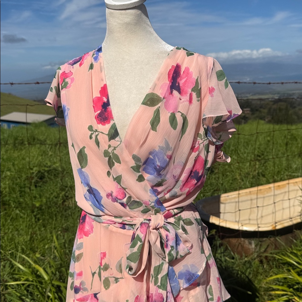 NWT Lauren Ralph Lauren Floral Belted Crinkle Georgette Dress Ruffle Pink 12 - Picture 6 of 8
